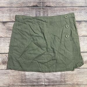 ModCloth Women’s 14 Green Linen‎ Blend Faux Wrap Mini Skirt Button Front